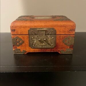 Vintage Chinese Wooden Jewelry Box with Brass Accents